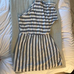 Adorable gray and white striped off the shoulder dress